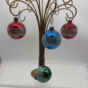 Four Unbranded MCM Mercury Glass Christmas Ornaments Glitter Polygraph Designs